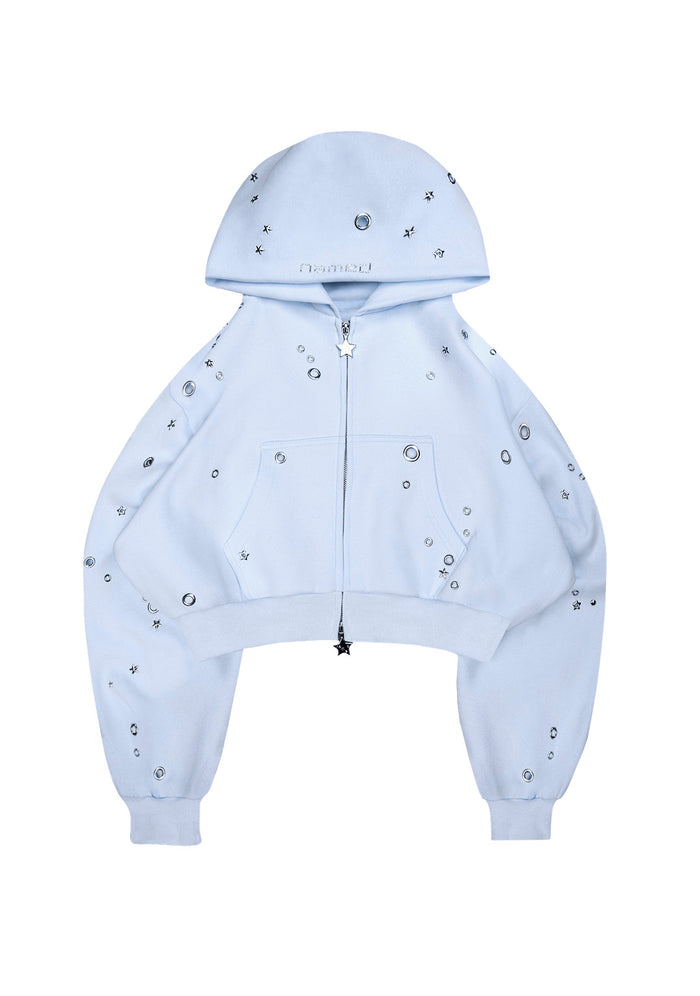 GLITCH EYELET CROP ZIP HOODIE BABY BLUE