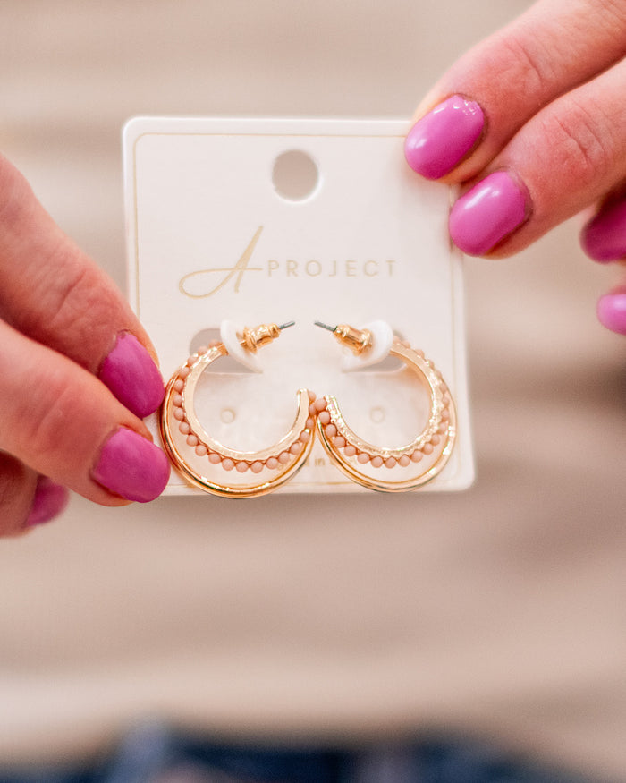 Gold Double Hoop Earrings with Beige Beads Trendy Wholesale