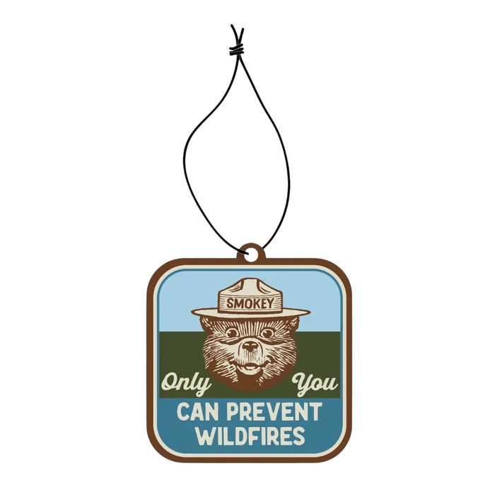 Forager Provisions LTD Smokey Bear hanging air freshener with evergreen and cypress scent and forest graphic