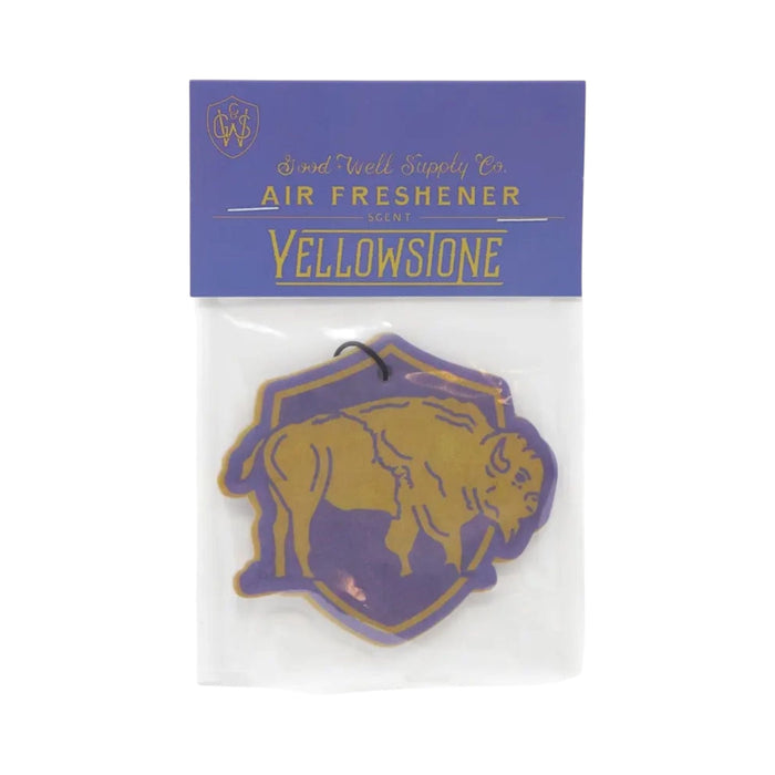 Forager Provisions LTD Yellowstone hangable air freshener featuring a gold bison graphic on a purple shield background.