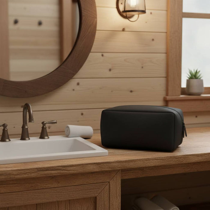 Forager Provisions LTD Gravel Outdoor black water-resistant slim washbag sitting on a wooden bathroom vanity