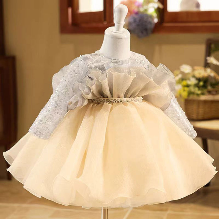 Gray Flower Girl Dress Beading for Princess Kids 1st Birthday Party J479