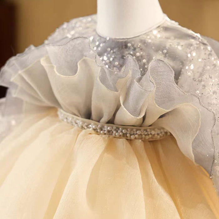 Gray Flower Girl Dress Beading for Princess Kids 1st Birthday Party J479