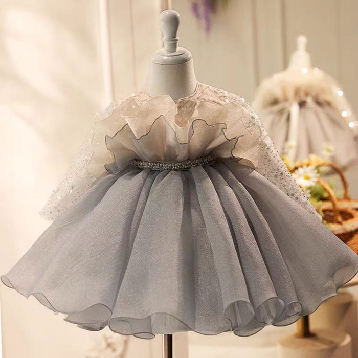 Gray Flower Girl Dress Beading for Princess Kids 1st Birthday Party J479