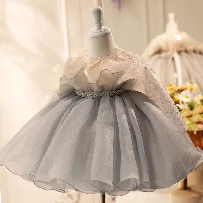 Gray Flower Girl Dress Beading for Princess Kids 1st Birthday Party J479