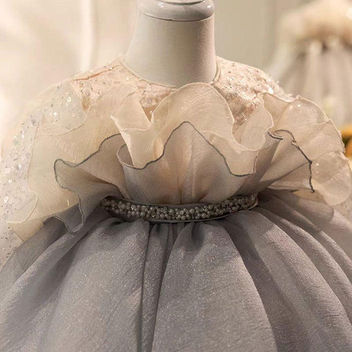 Gray Flower Girl Dress Beading for Princess Kids 1st Birthday Party J479