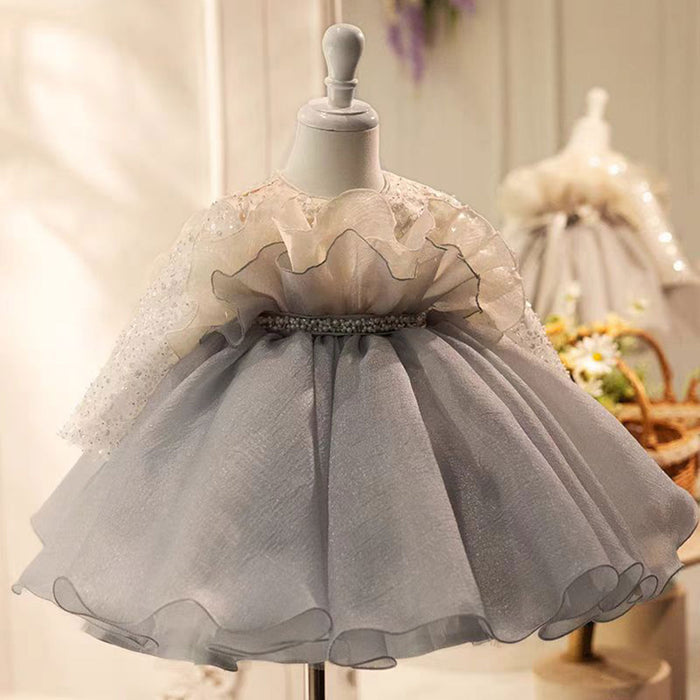 Gray Flower Girl Dress Beading for Princess Kids 1st Birthday Party J479