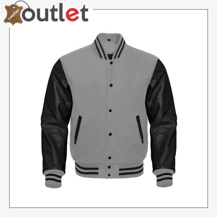 Gray wool and black leather sleeve bomber varsity jacket, front view with snap placket
