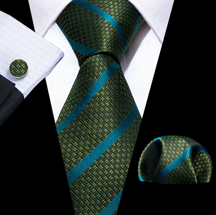 Green Blue Striped Silk Tie Handkerchief Cufflinks Set- N-5845 - SimonVon Shop