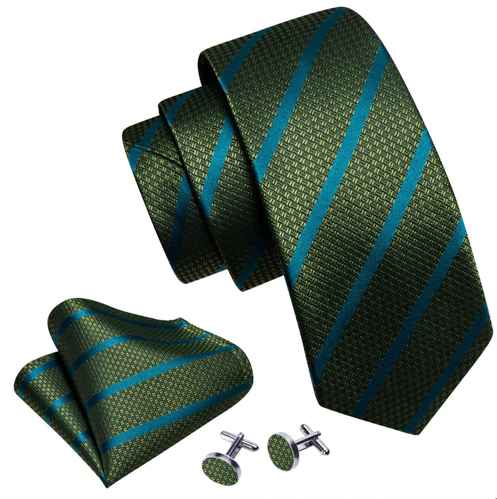 Green Blue Striped Silk Tie Handkerchief Cufflinks Set- N-5845 - SimonVon Shop