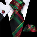 Green Red Striped Silk Tie Pocket Square Cufflinks Set- N-6524 - SimonVon Shop