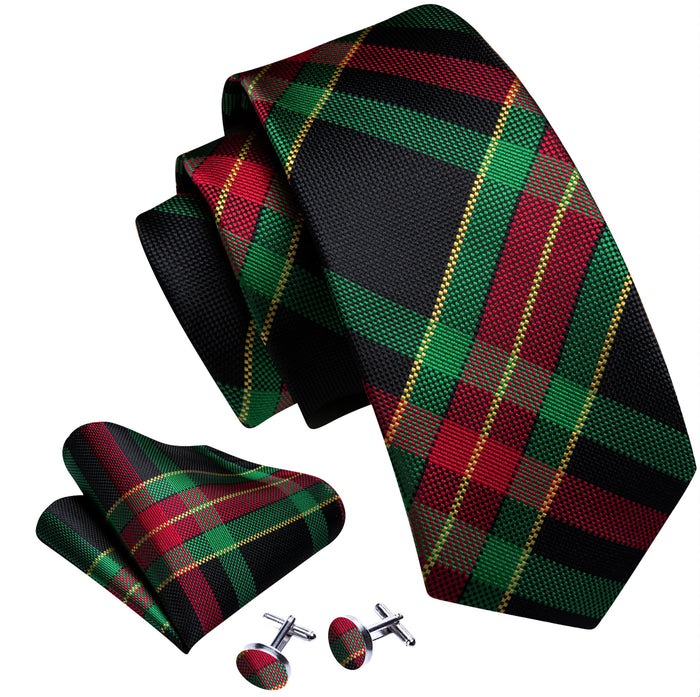 Green Red Striped Silk Tie Pocket Square Cufflinks Set- N-6524 - SimonVon Shop