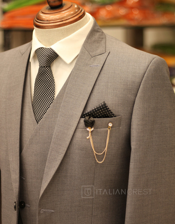 Grey 3-Piece Peak Lapel Suit