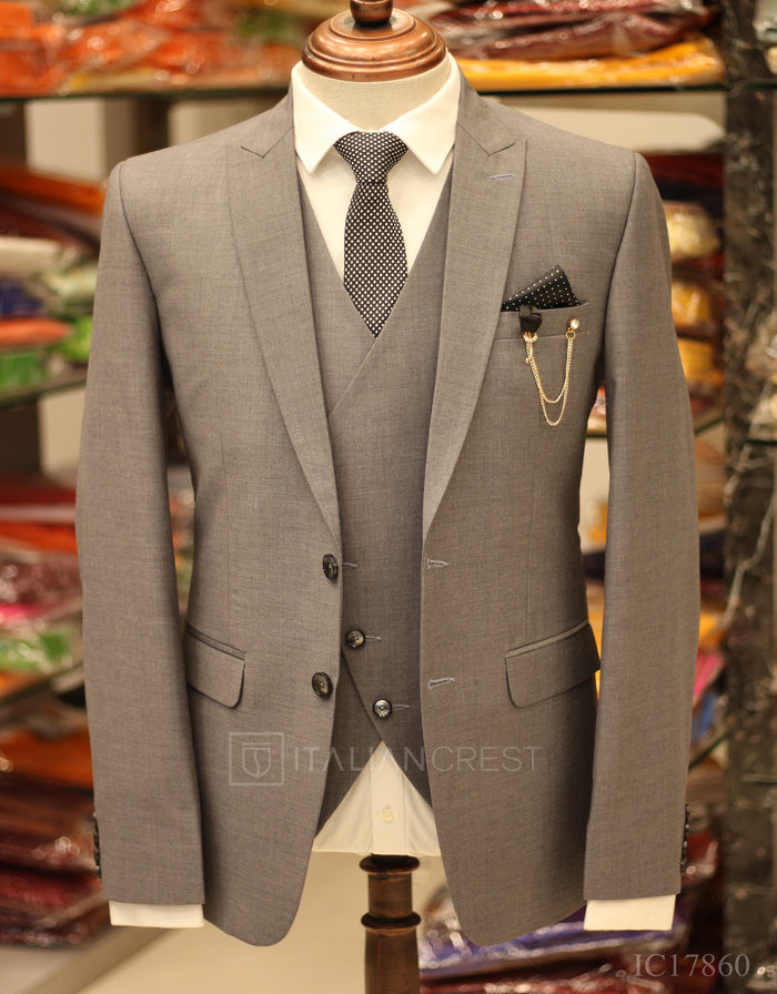 Grey 3-Piece Peak Lapel Suit