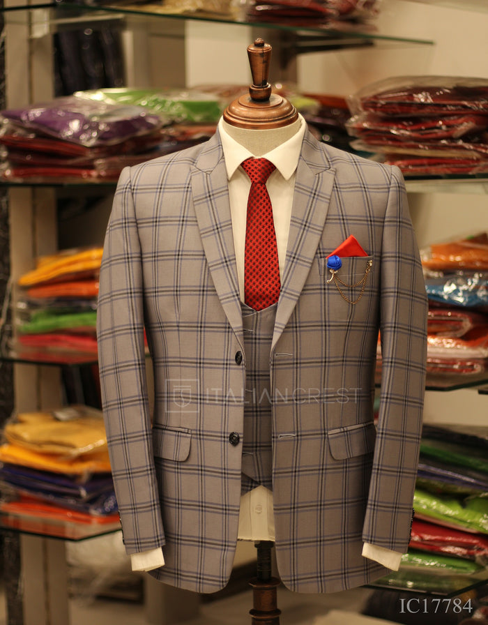 Grey Checks 3-Piece Peak Lapel Suit