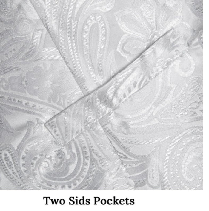 GREY WHITE FLORAL JACQUARD V NECK WAISTCOAT VEST NECKTIE POCKET SQUARE CUFFLINKS SET- MJ-0507 - SimonVon Shop