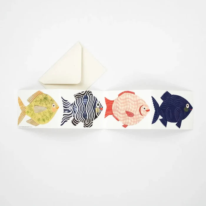 Hadley Fish Concertina Greeting Card shows 4 colorful fish, includes eco-friendly recycled citrus paper envelope, perfect gift.