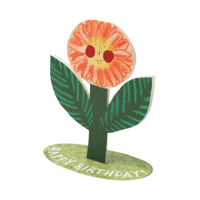 Forager Provisions LTD stand-up birthday card featuring a cheerful illustrated flower with a smiling face on a base