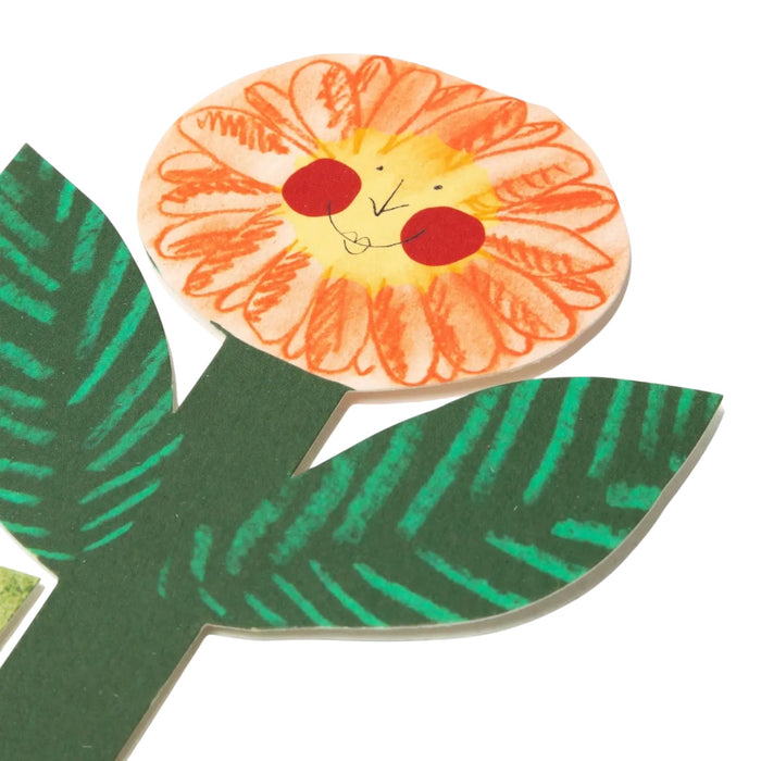 Hadley Happy Birthday Flower Stand Up Card, orange face, red cheeks, green leaves on white background, unique floral greeting.