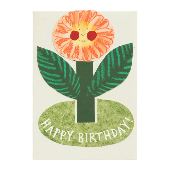 Eco-friendly Hadley Happy Birthday Card with a cheerful orange flower and smiley face, perfect unique stand up birthday greeting.
