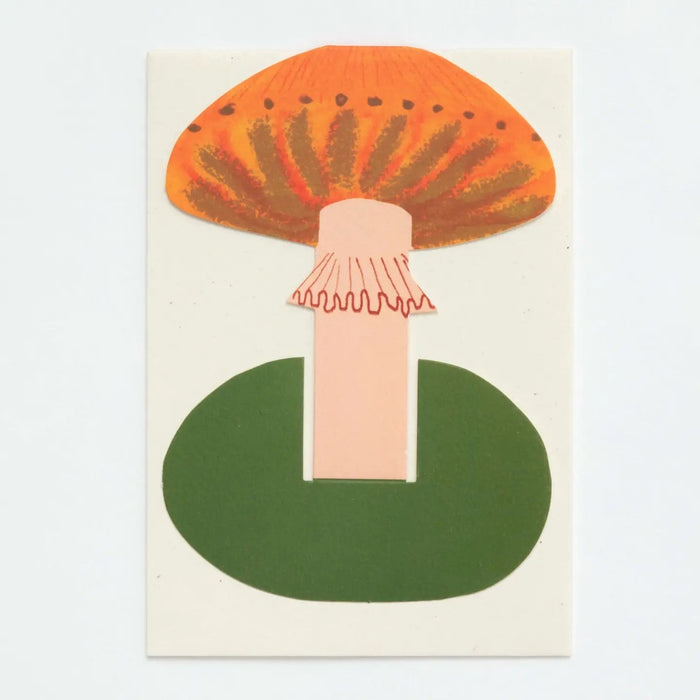 Forager Provisions LTD orange frilly mushroom stand-up greeting card with textured collage detail on eco-friendly card.