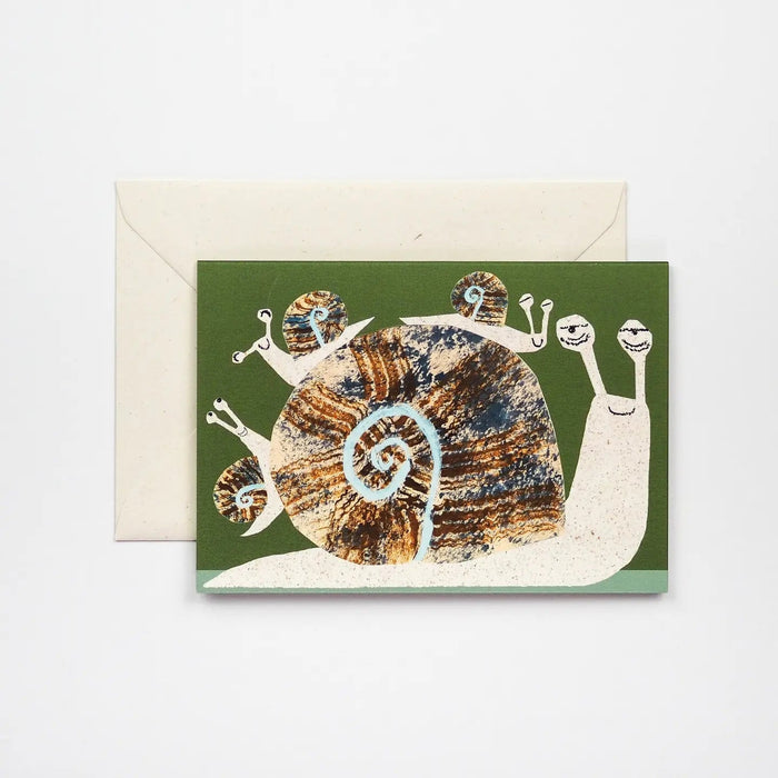 Forager Provisions LTD Hadley Paper Goods snail family greeting card with a textured collage illustration on green card