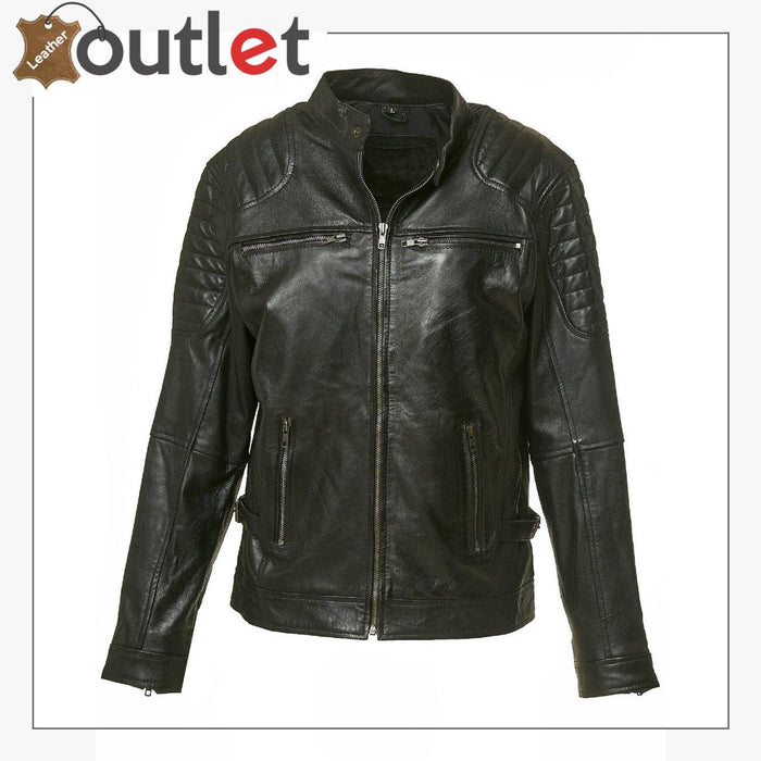 Handmade biker style mens leather jacket in black genuine leather, front view