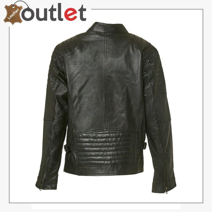 Side view of the handmade black biker jacket showing hand stitched seams and lapels