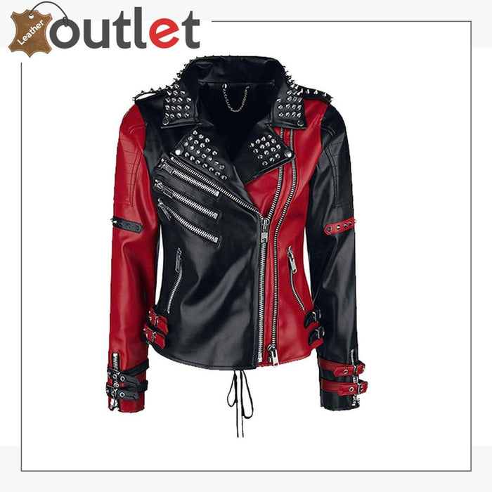 Handmade mens black punk style studded leather jacket, front view with studded lapels
