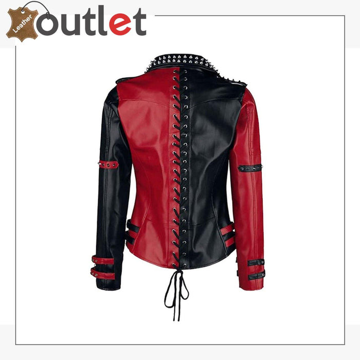 Back view of the handmade punk studded leather jacket showing hand-set stud placement