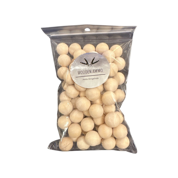 Forager Provisions LTD pack of 75 smooth wooden slingshot ammo balls in a clear plastic bag with a circular label.
