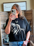 Black 3/4 sleeve sweater with large white horse graphic on front