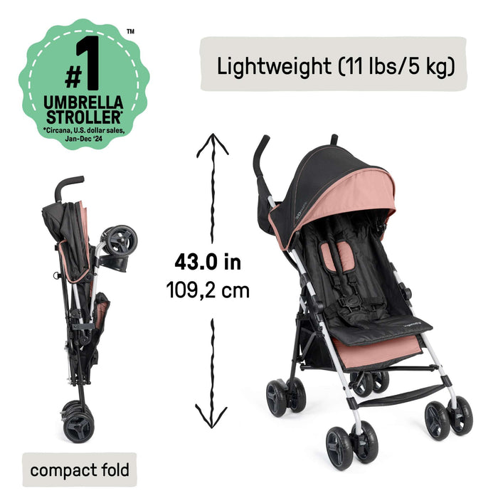 Ingenuity 3D Mini Convenience Stroller in dusty rose with lightweight steel frame and multi-position recline