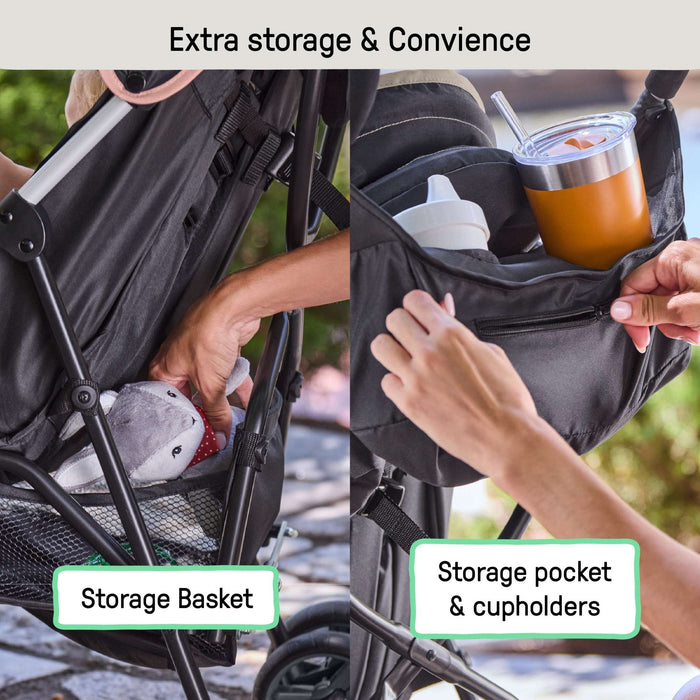 Ingenuity 3D Mini convenience stroller in dusty rose with lightweight steel frame, compact fold, and storage features