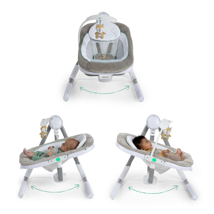 Ingenuity AnyWay Sway multi-direction portable baby swing with fox plush toy and GentleTouch control pad