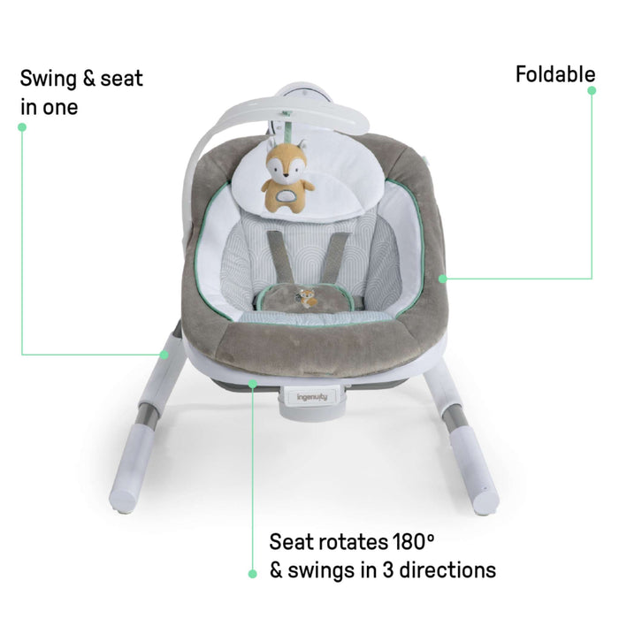 Ingenuity AnyWay Sway portable baby swing with 180° rotation and fox toy bar in neutral print