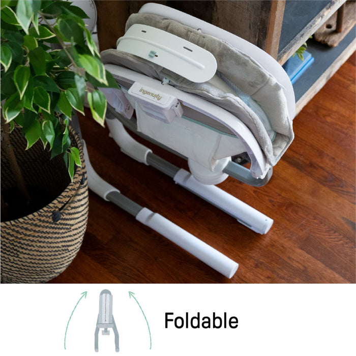 Ingenuity AnyWay Sway portable baby swing with 180° rotation and fox toy bar in neutral print