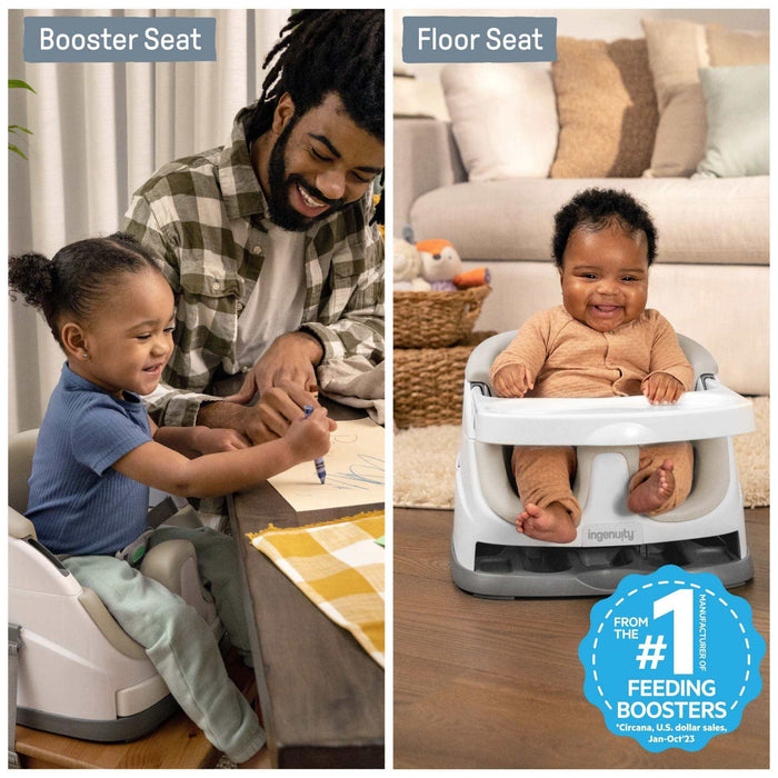 Ingenuity Baby Base 2-in-1 baby booster seat in cashmere attached to dining chair with removable tray