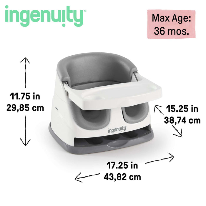 Ingenuity Baby Base 2-in-1™ Seat in Slate attached to dining chair with removable tray and foam insert for baby and toddler use