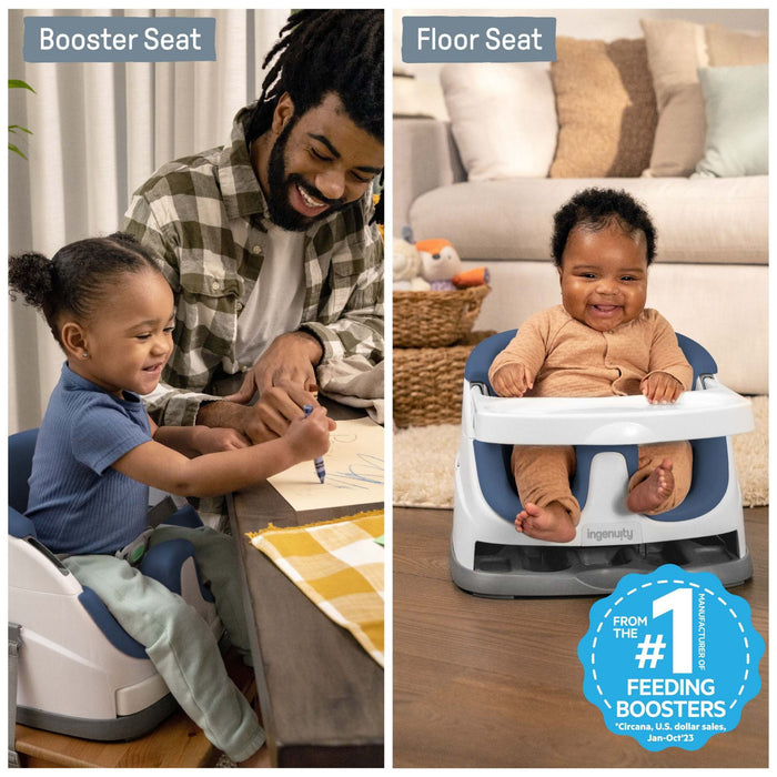 Ingenuity Baby Base 2-in-1 booster and floor seat in Night Sky with child and adult at table and baby playing on floor
