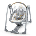 Ingenuity Boutique Collection Deluxe Swing 'n Go Portable Baby Swing in Bella Teddy design with plush toys and premium fabrics.