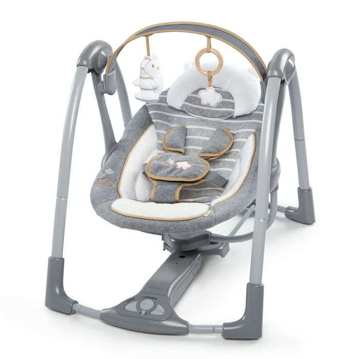 Ingenuity Boutique Collection Deluxe Swing 'n Go Portable Baby Swing in Bella Teddy design with plush toys and premium fabrics.