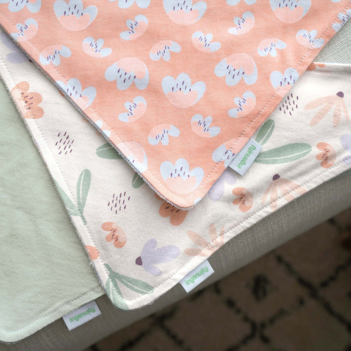 Ingenuity Easy Eater 3-pack baby bandana cotton drool bibs with floral designs for teething and eating messes