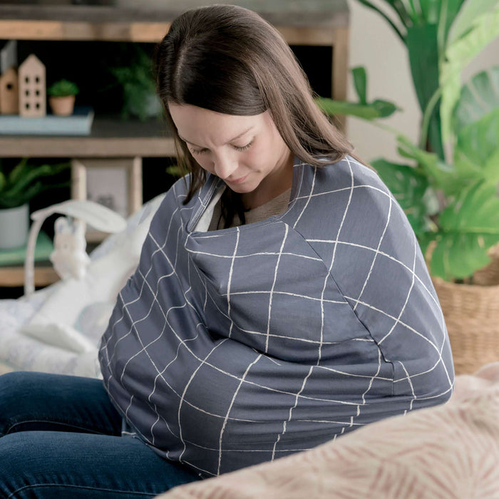 Ingenuity Good to Go 4-in-1 Multi-Use Cover used as nursing cover and scarf for baby care