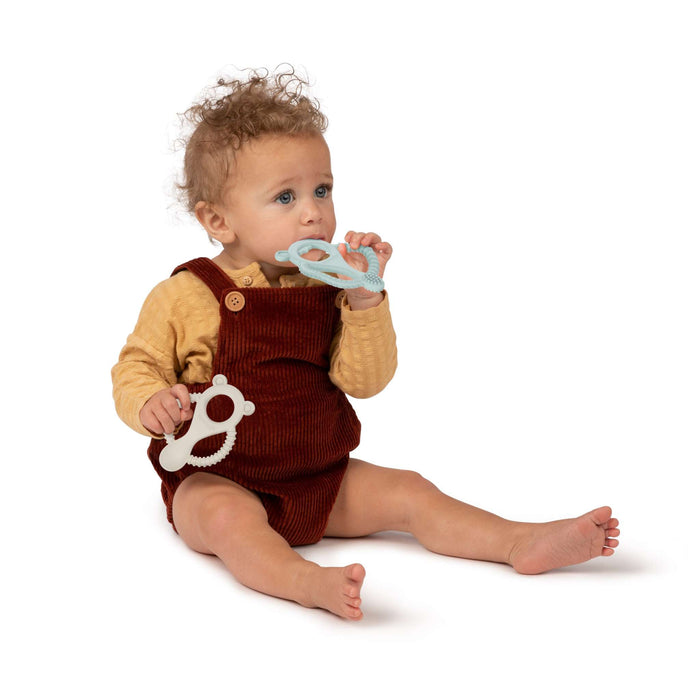 Ingenuity Gum Buddies BPA-free silicone baby teether toy set with lamb and bear shapes in gender-neutral colors, easy-to-grasp for soothing gums