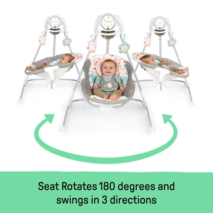 InLighten Soothing Swing with rotating seat, owl-themed design, light-up mobile, and soothing melodies for baby comfort and stimulation