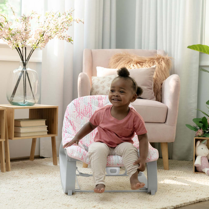 Keep Cozy Baby Bouncer 3-in-1 pink infant seat with plush bunny toy and adjustable recline