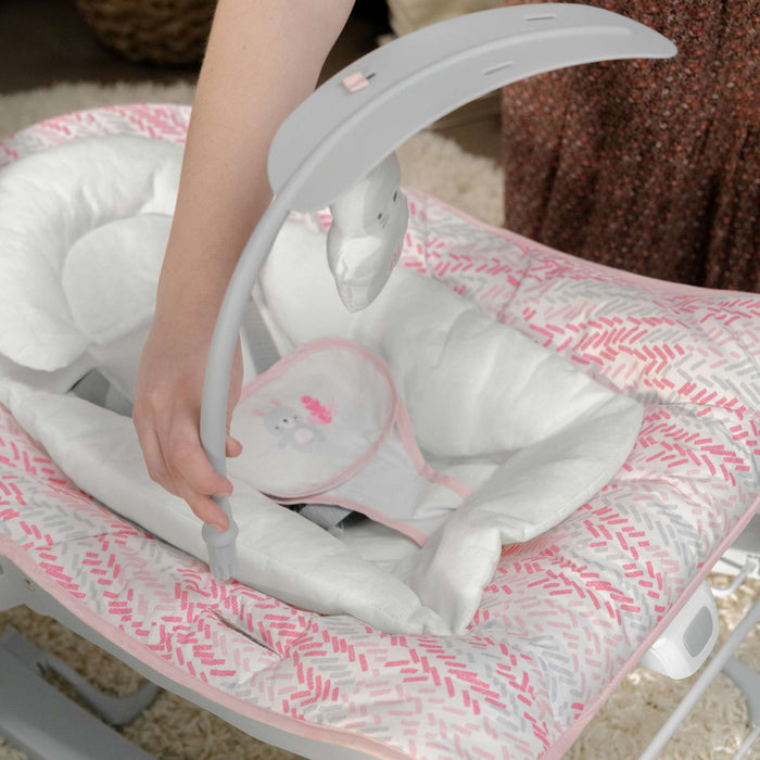 Keep Cozy Baby Bouncer 3-in-1 infant to toddler rocker seat with plush bunny toy and soothing vibrations in pink design