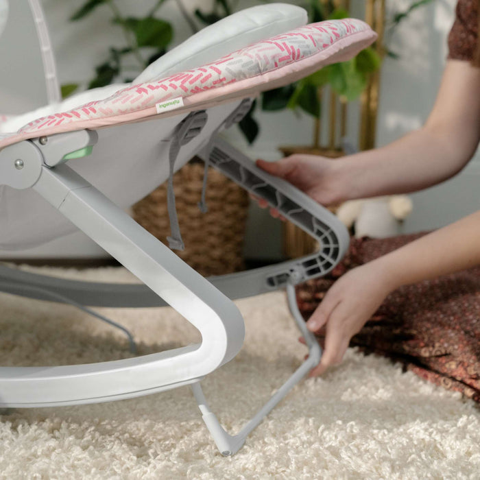 Keep Cozy Baby Bouncer 3-in-1 pink infant rocker with plush bunny toy and soft bolster