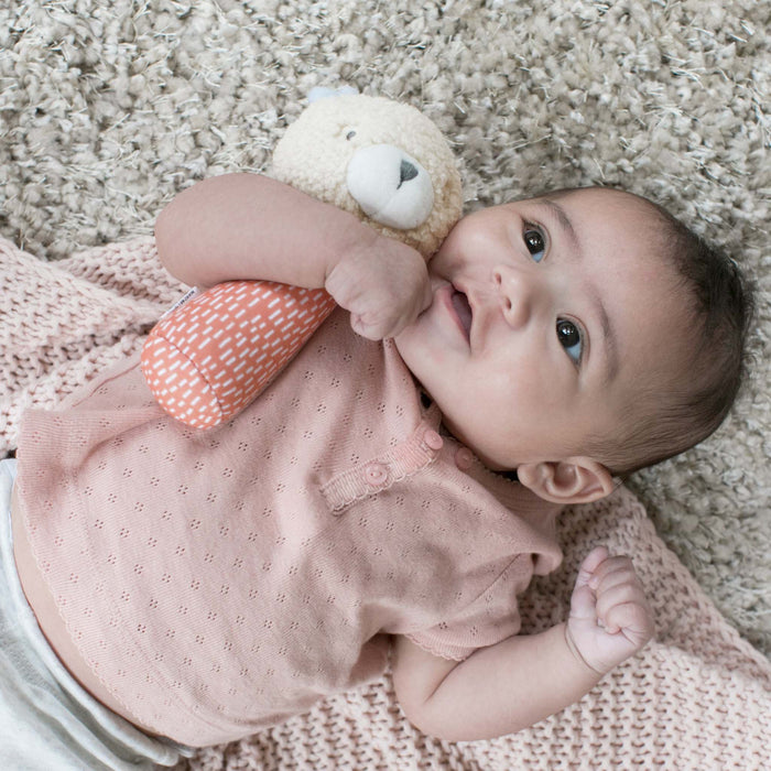 Ingenuity Premium Soft Plush Nate the Teddy Bear handheld rattle for infants with soft fabrics and gentle rattle sound